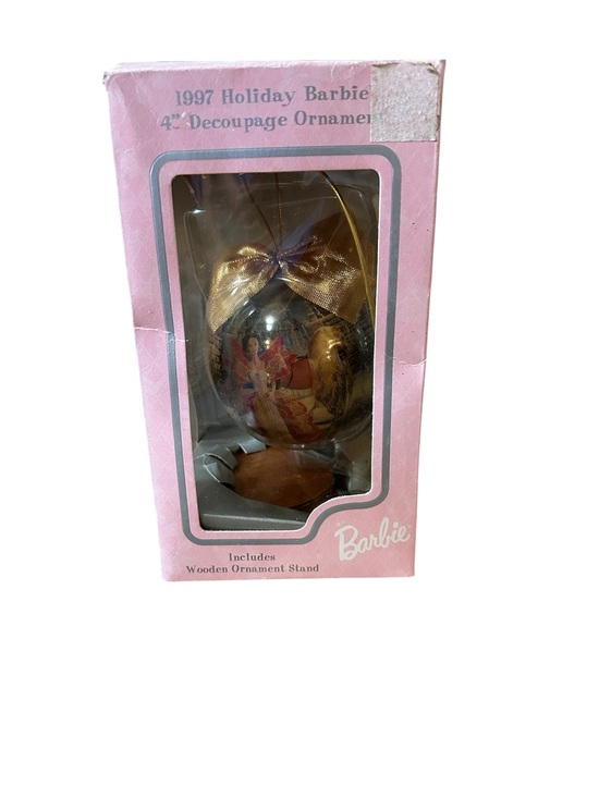 Barbie Other - Vintage Barbie 1997 Holiday Barbie 4” Decoupage Ornament With Wood Stand NEW